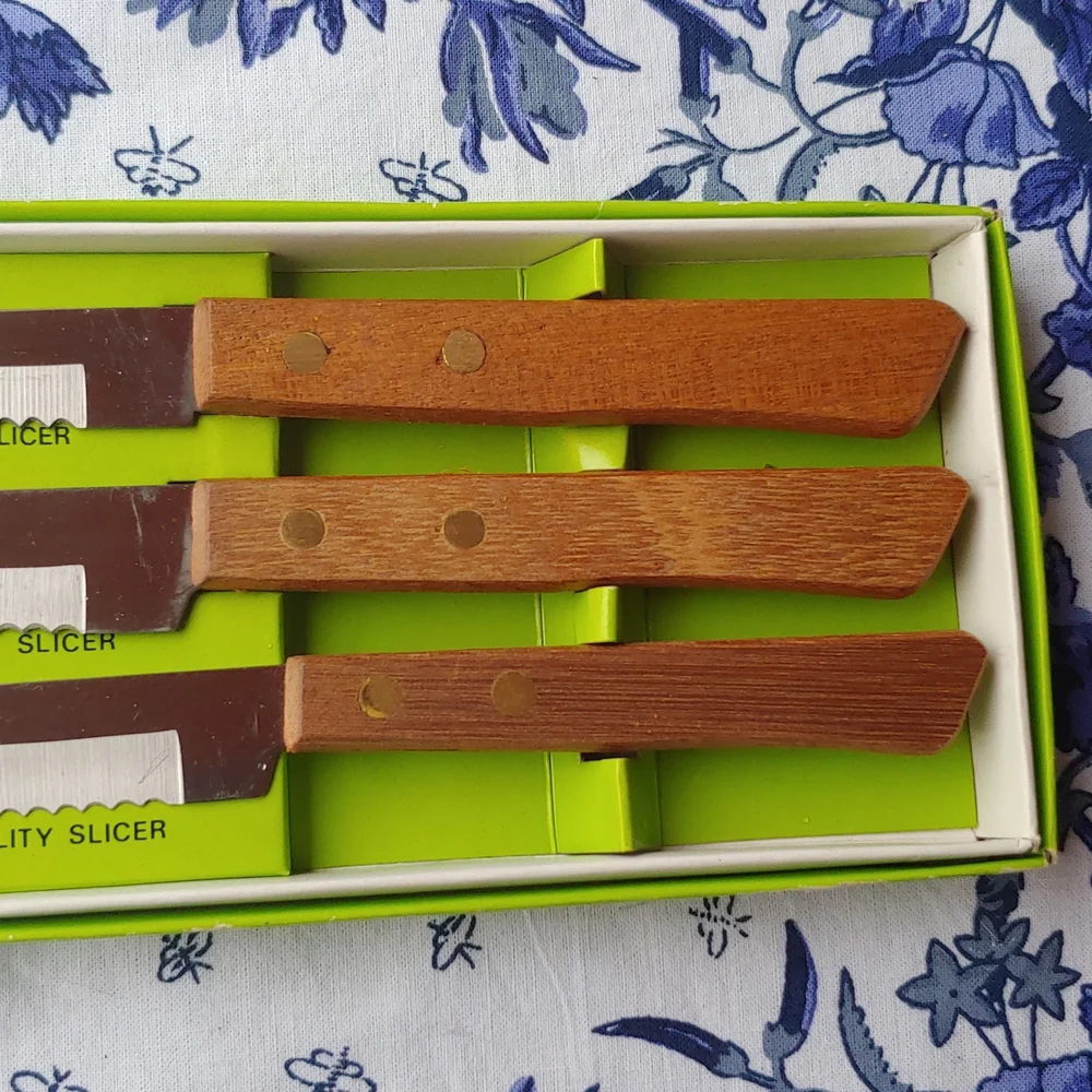 Vtg Japan Made Carving Knife Set, Rose Wood Handle